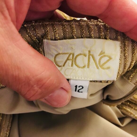 Cache 2 Pc. Set VINTAGE Mock Neck Sleeveless Top & Maxi Skirt GOLD Stripe medium - Picture 4 of 9